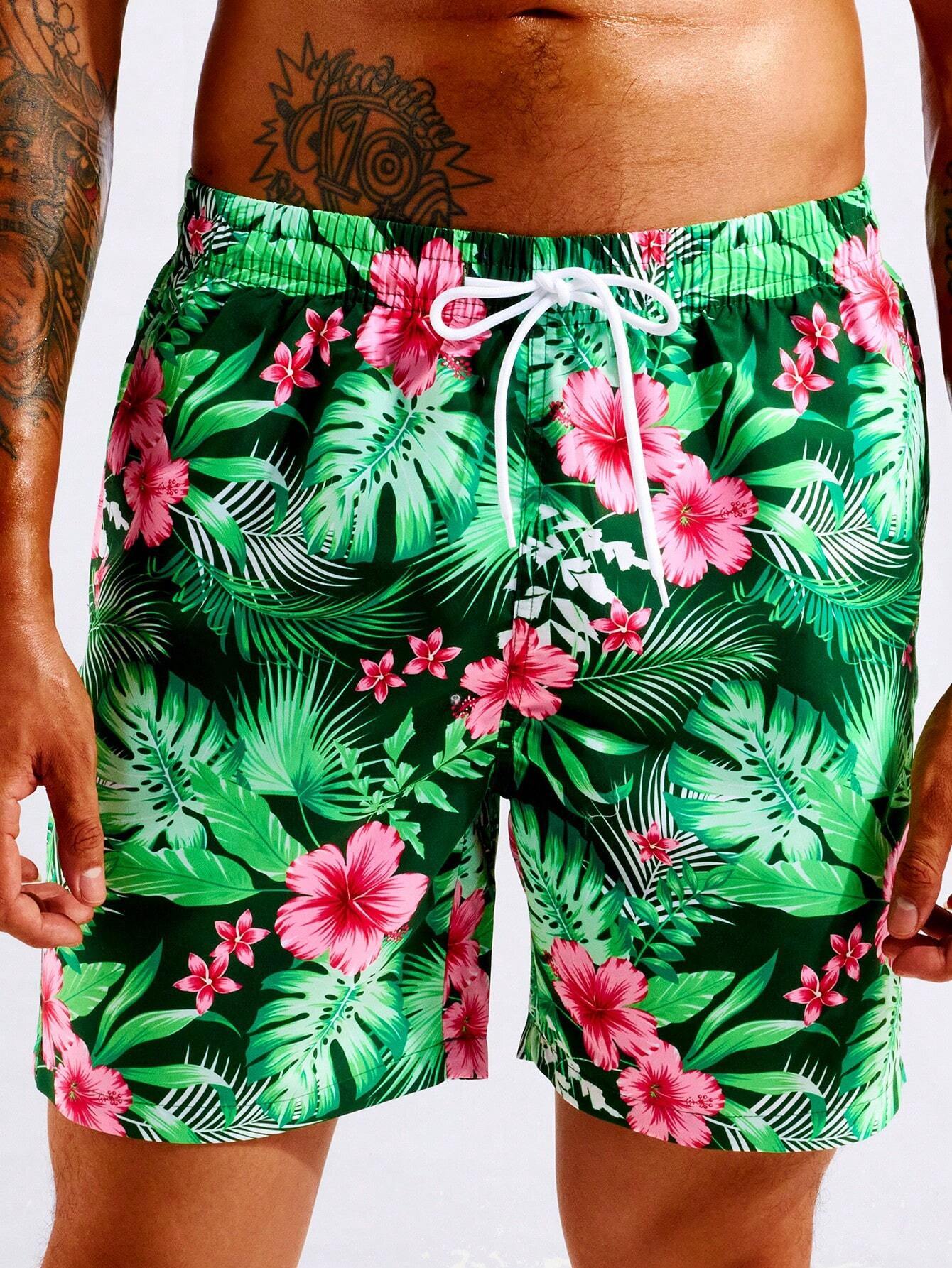 Tropical Print Swim Trunks With Pocket-Waves And Trunks