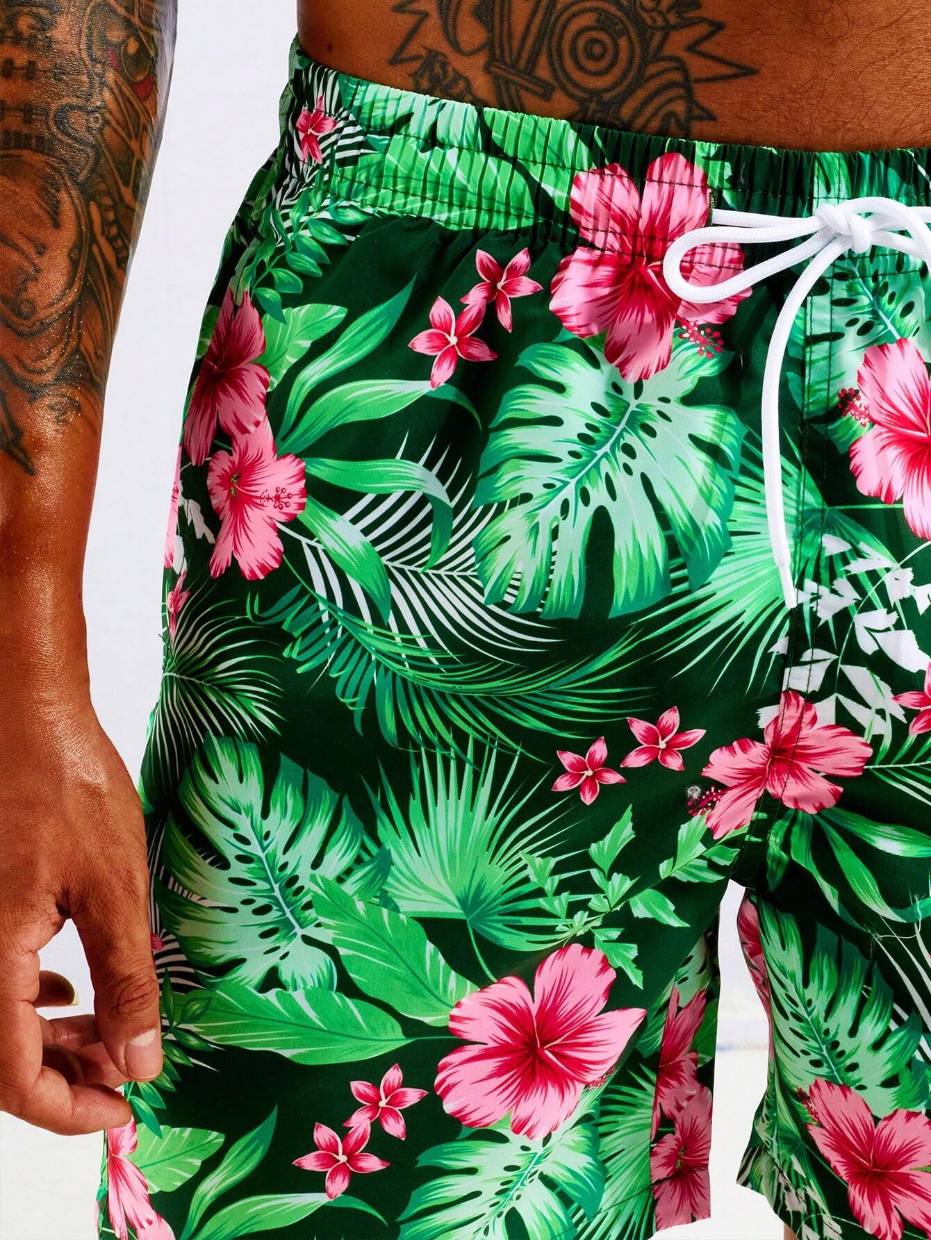 Tropical Print Swim Trunks With Pocket-Waves And Trunks