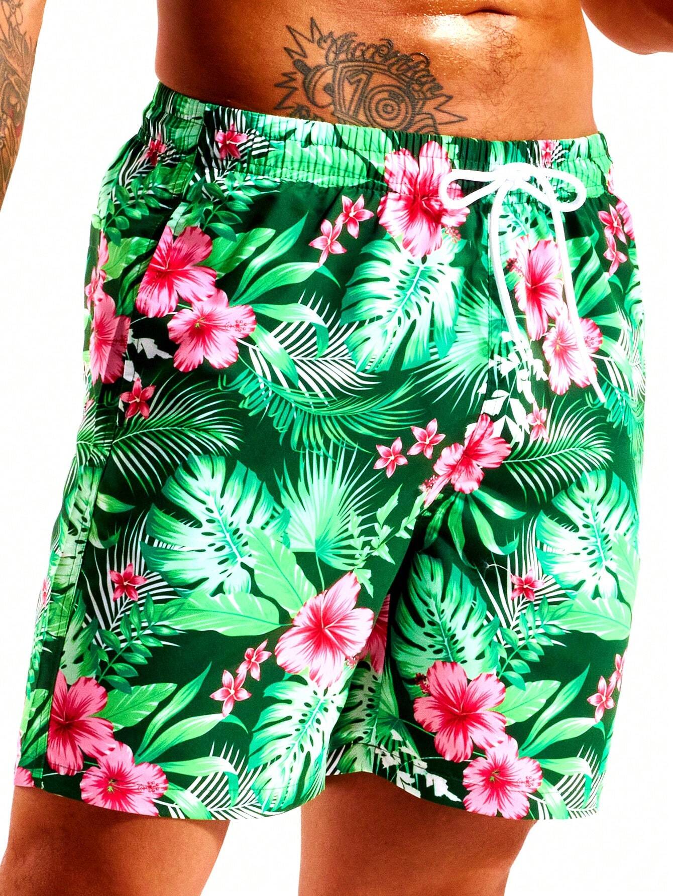 Tropical Print Swim Trunks With Pocket-Waves And Trunks