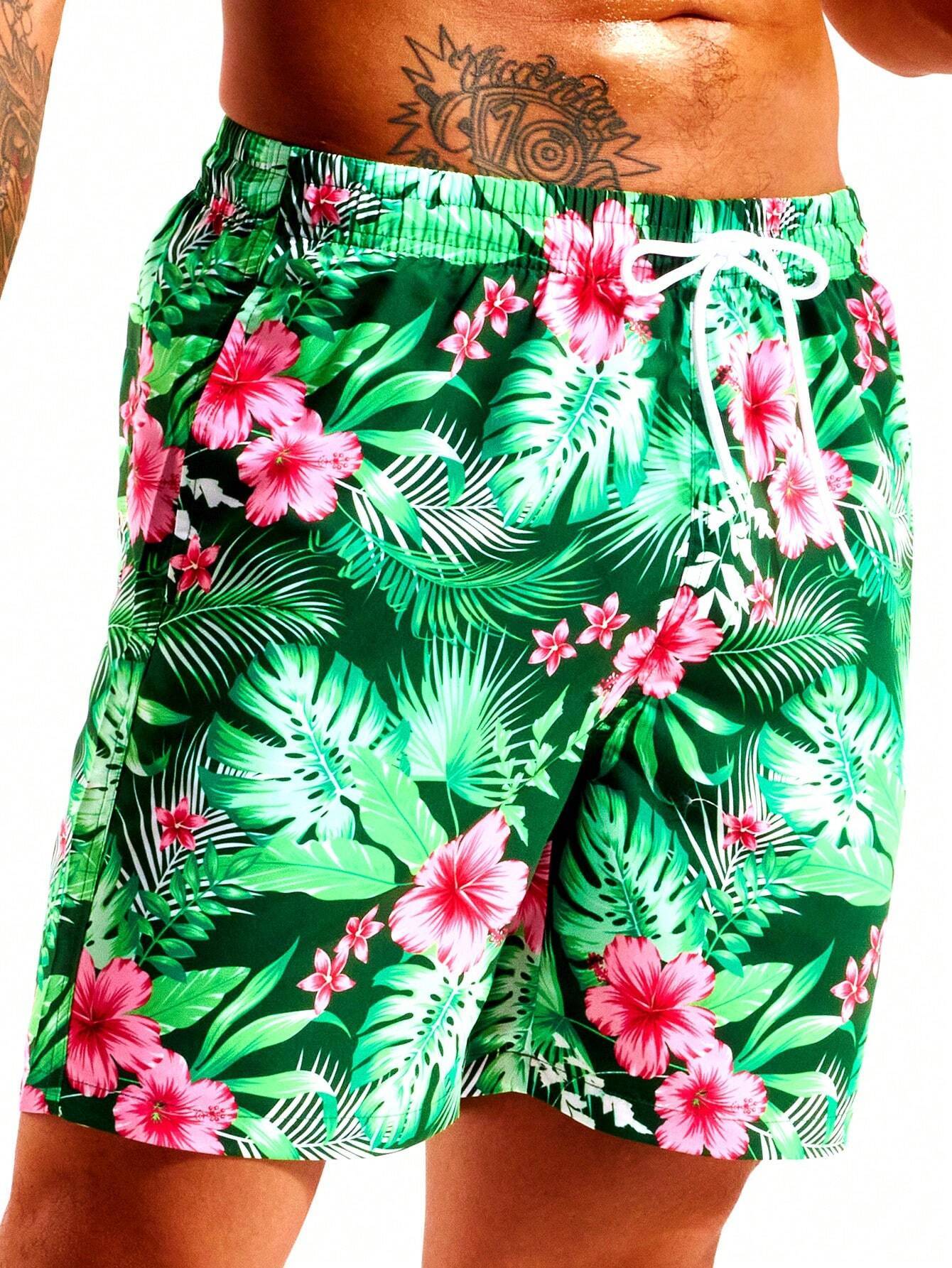 Tropical Print Swim Trunks With Pocket-Waves And Trunks