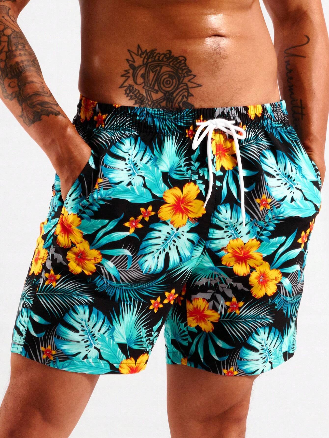 Tropical Print Swim Trunks With Pocket-Waves And Trunks