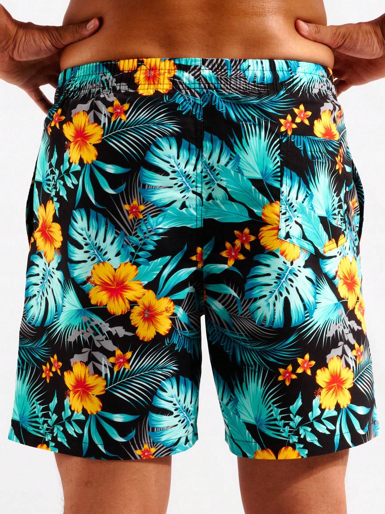 Tropical Print Swim Trunks With Pocket-Waves And Trunks