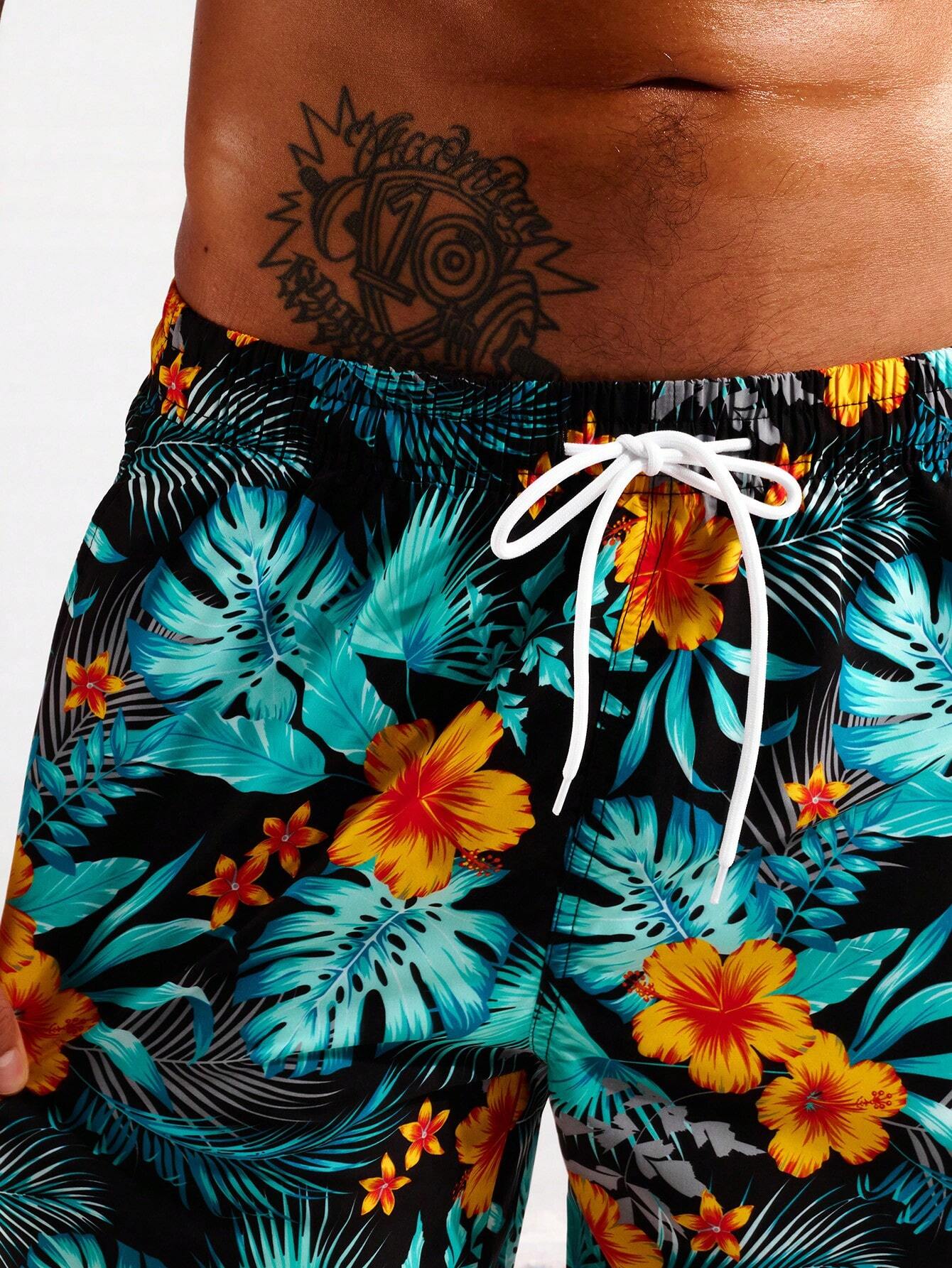 Tropical Print Swim Trunks With Pocket-Waves And Trunks