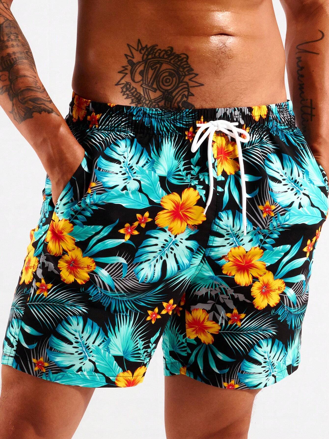 Tropical Print Swim Trunks With Pocket-Waves And Trunks