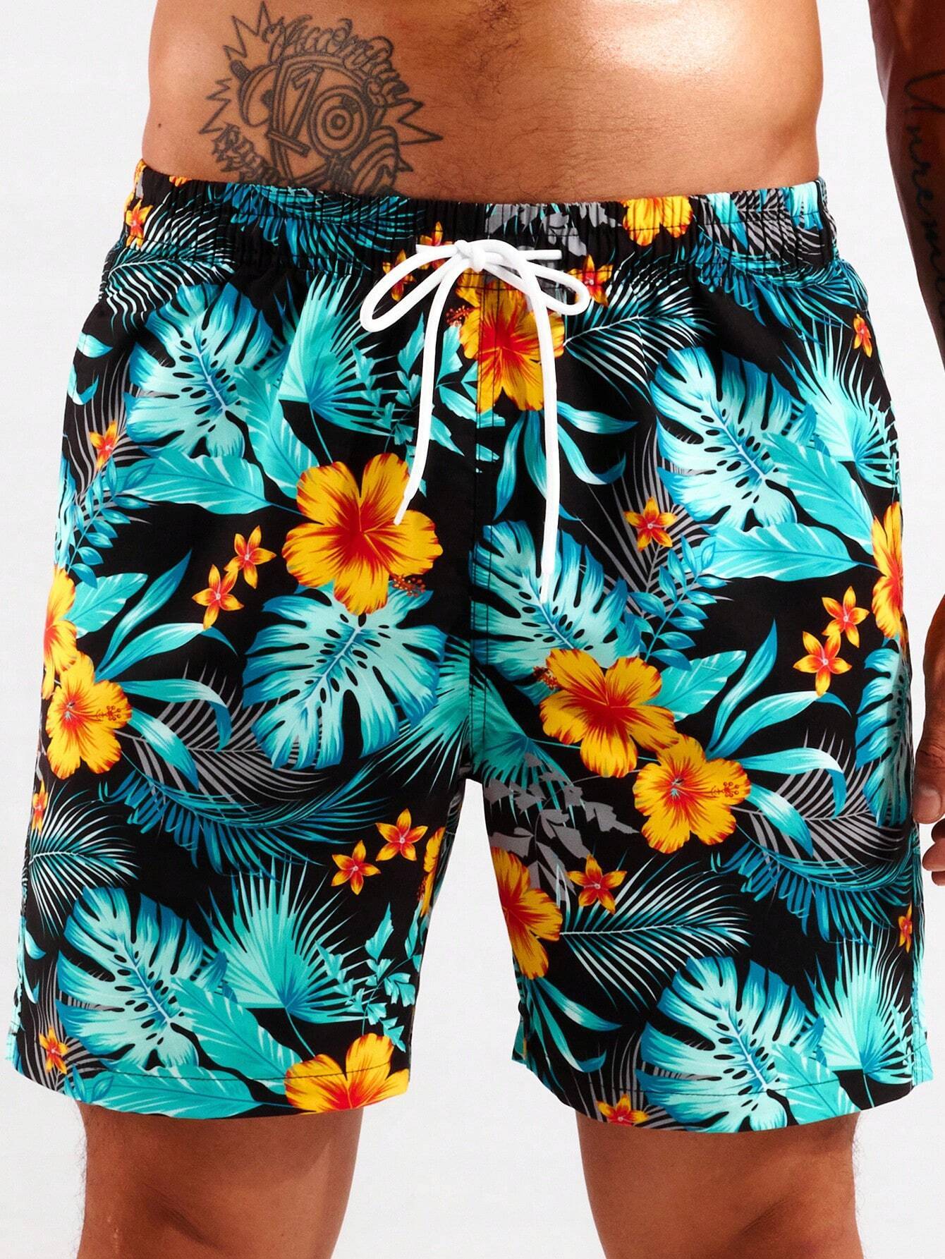 Tropical Print Swim Trunks With Pocket-Waves And Trunks