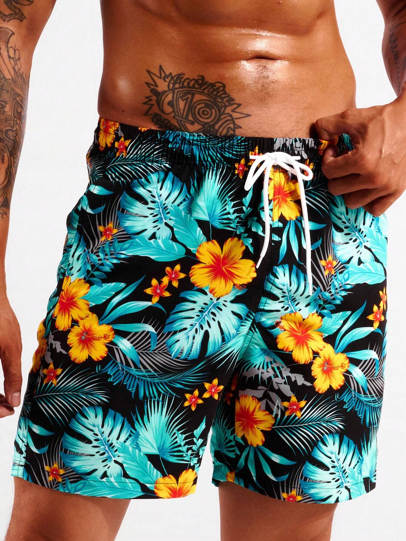 Tropical Print Swim Trunks With Pocket-Waves And Trunks