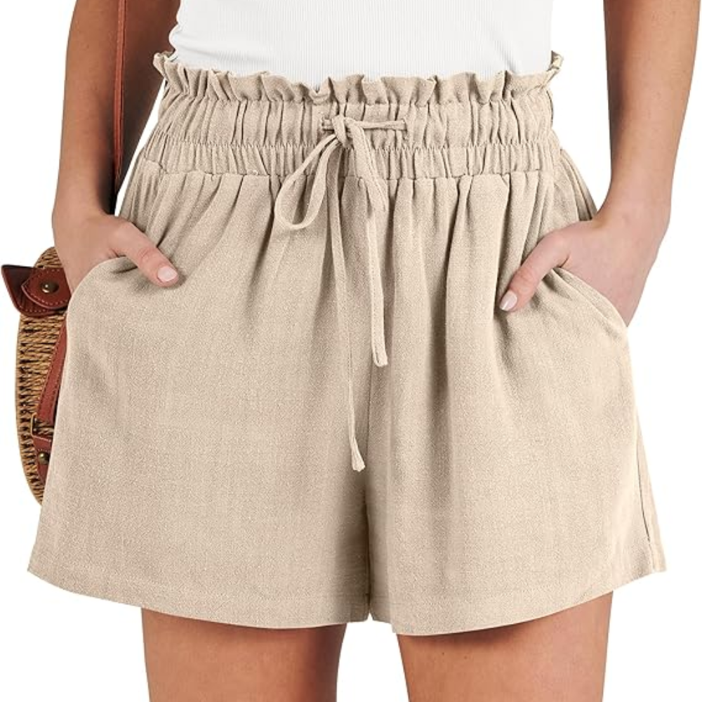 High Waist Wide  Drawstring Linen Shorts For Women
