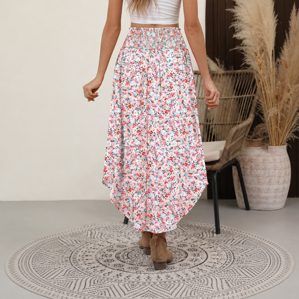 Summer Boho Floral Flowy Pleated Maxi Skirts With Pockets For Women