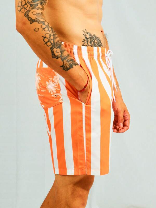 Vertical Striped Print Beach Shorts-Waves And Trunks