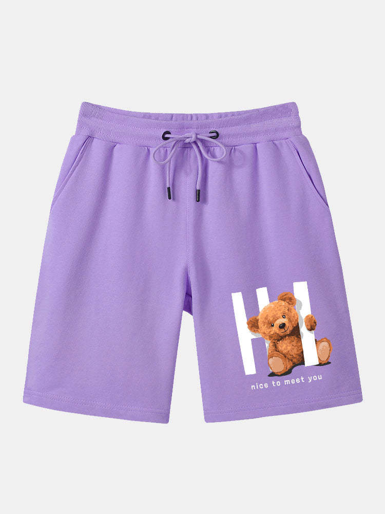 Bear Print Shorts With Drawstring-Waves And Trunks