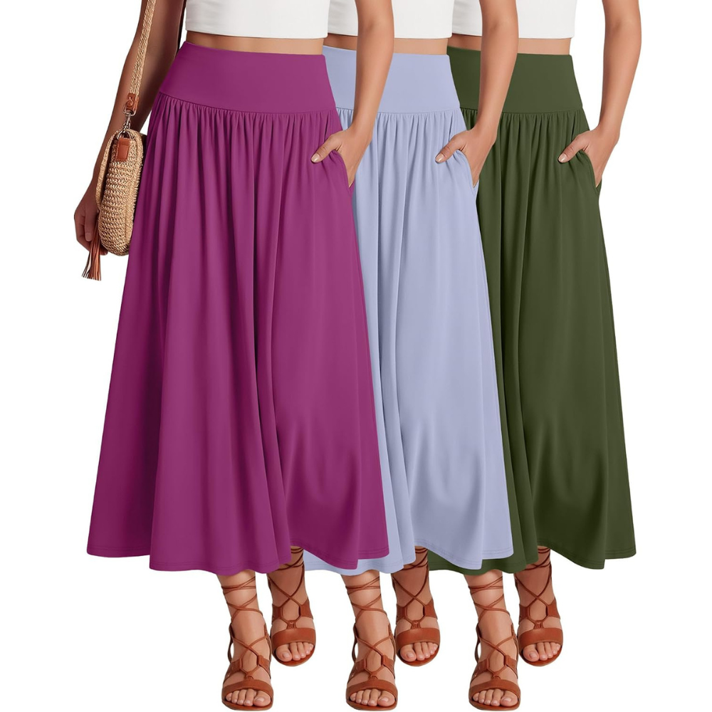 Pack Of 3 Casual Pleated Summer Length A Line Skirts For Women