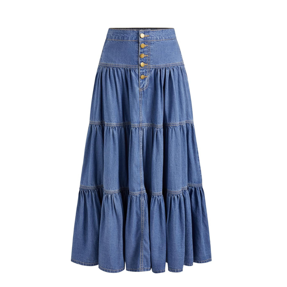 Long Tiered Button Down Denim Skirt For Women