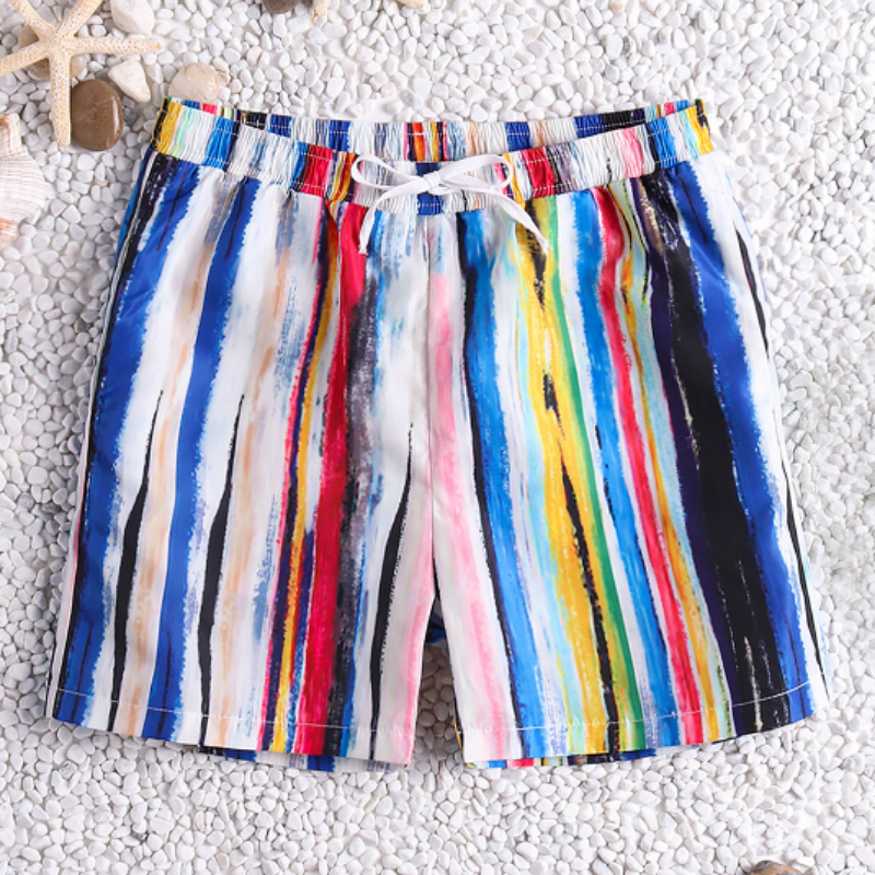 Men's Stripe Print Swim Trunks Drawstring Quick-Dry Pool Shorts-Waves And Trunks