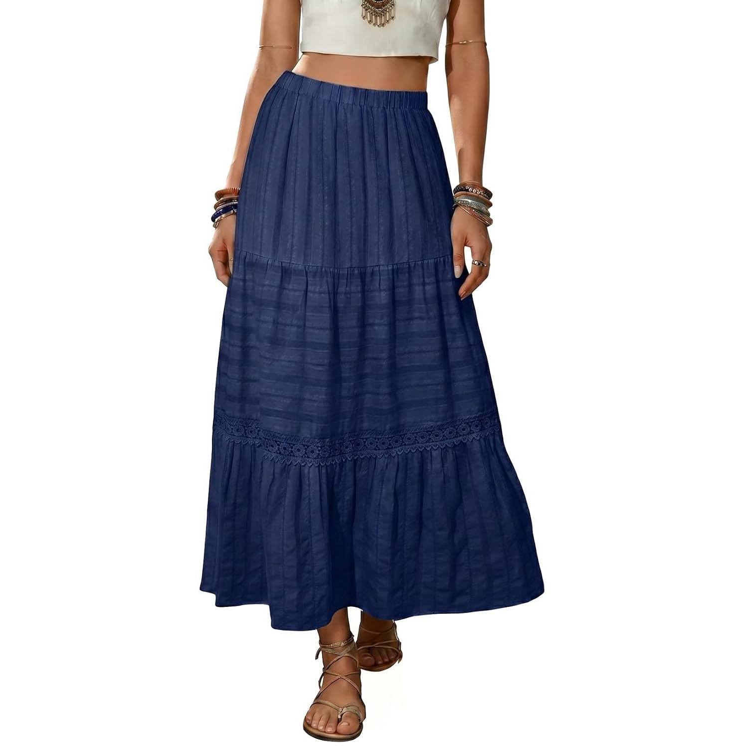 Boho Crochet Lace Tiered Cotton Maxi Skirt