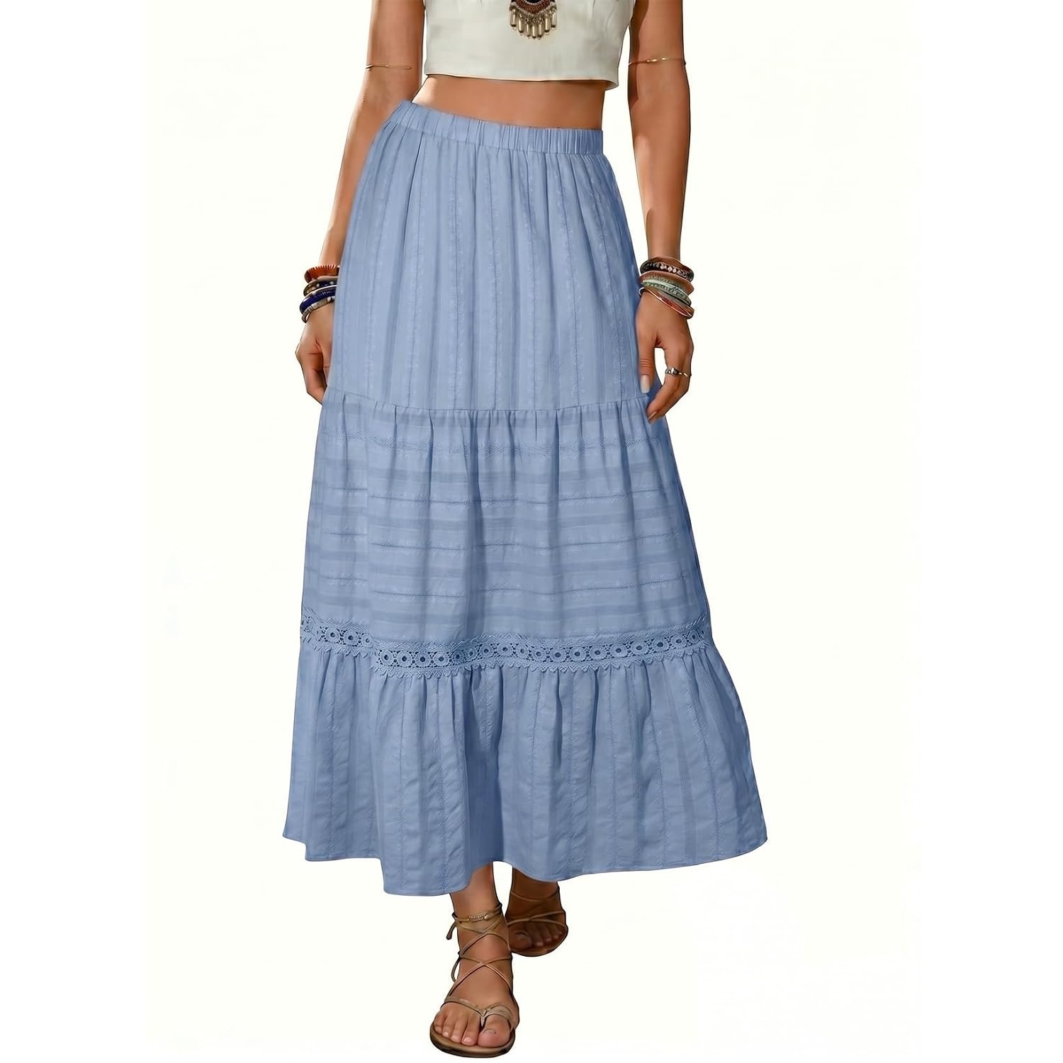 Boho Crochet Lace Tiered Cotton Maxi Skirt
