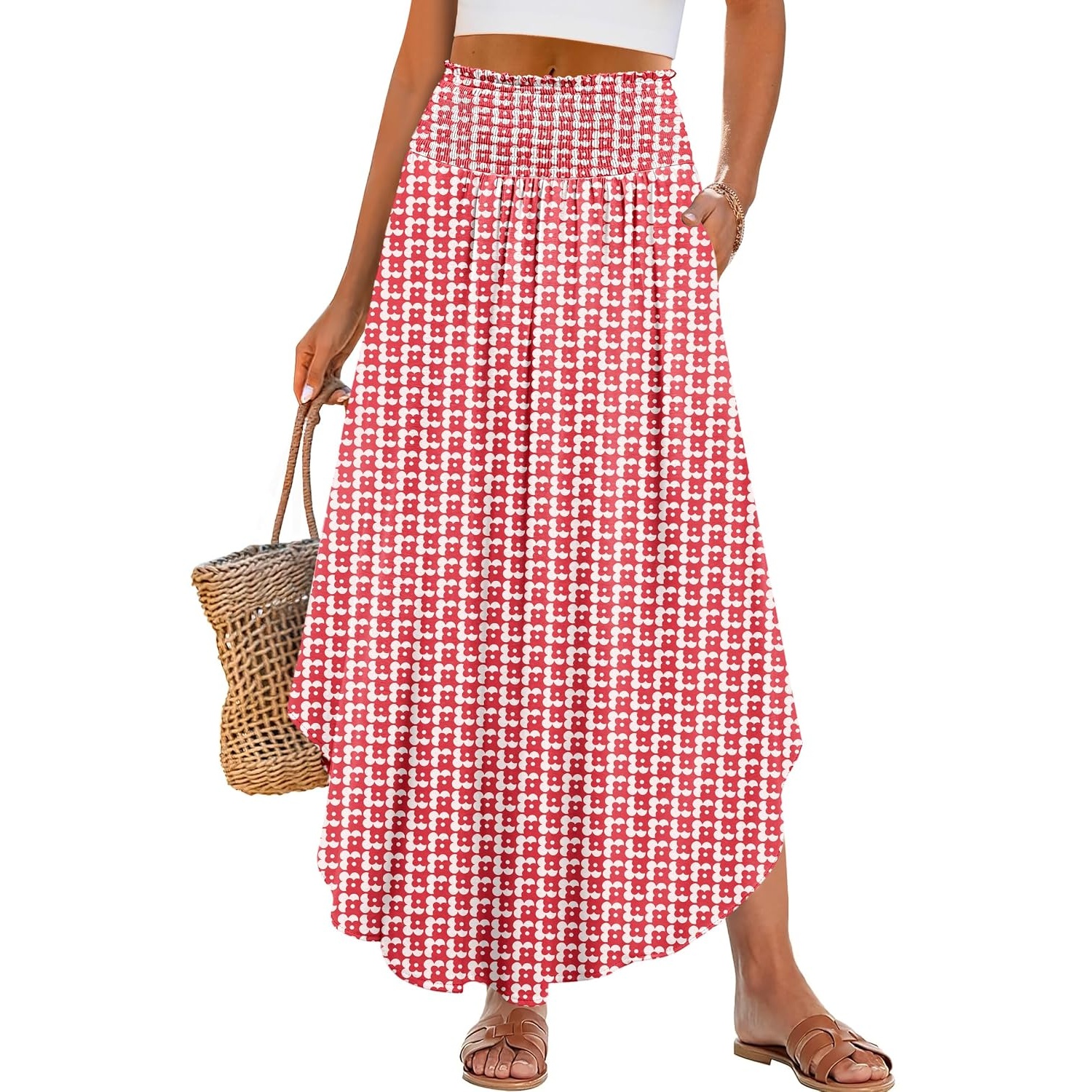 Summer Boho Floral Flowy Pleated Maxi Skirts With Pockets For Women