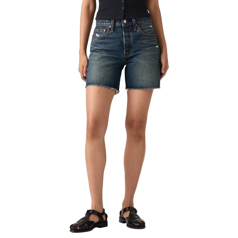 Distressed High Rise Denim Shorts With Pockets