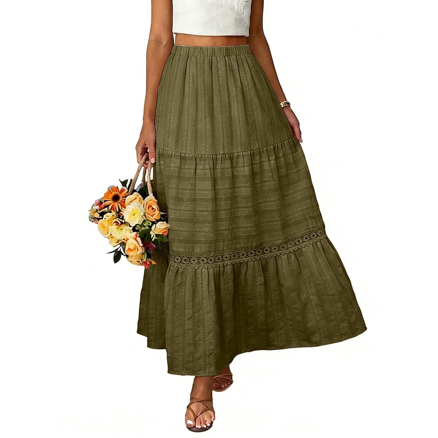 Boho Crochet Lace Tiered Cotton Maxi Skirt