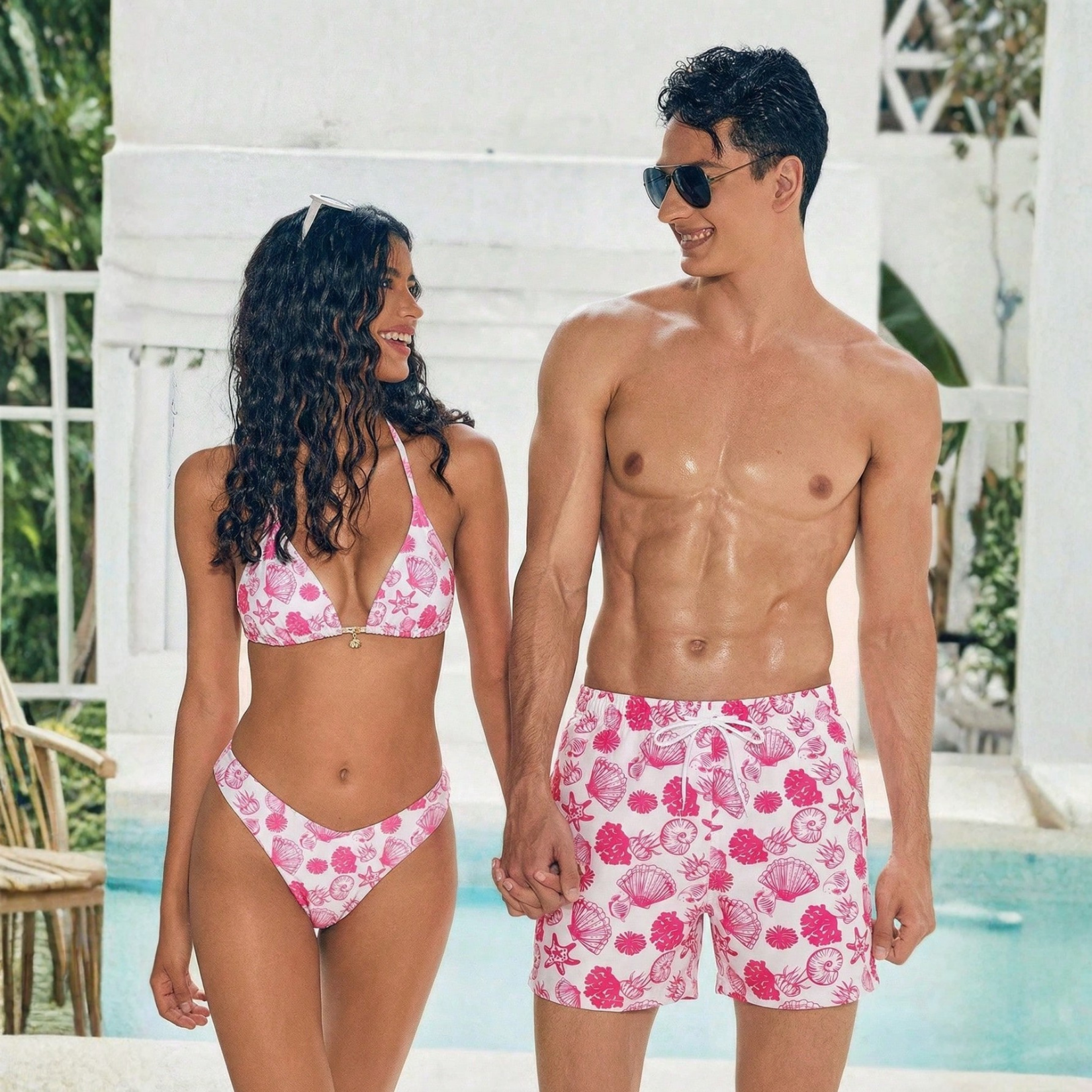 Floral Print Drawstring Beach Shorts For Men And Women Matching Couples