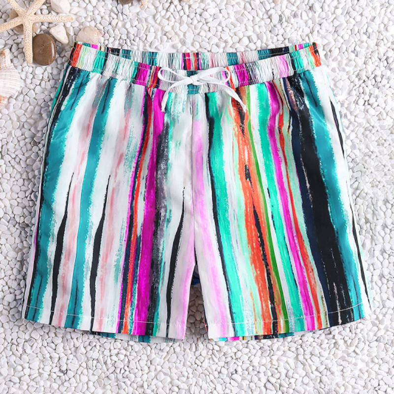 Men's Stripe Print Swim Trunks Drawstring Quick-Dry Pool Shorts-Waves And Trunks