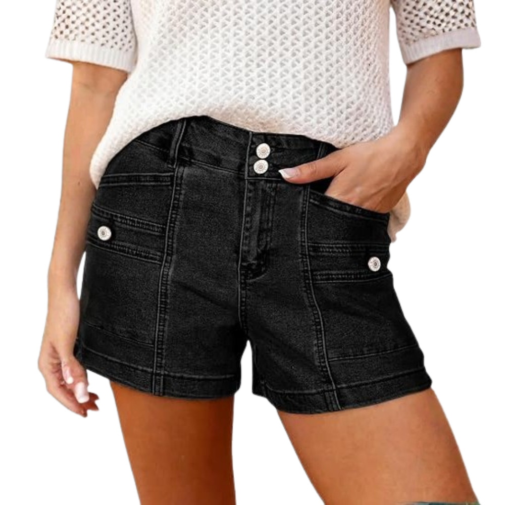 High Waisted Stretch Double Button Denim Shorts For Women