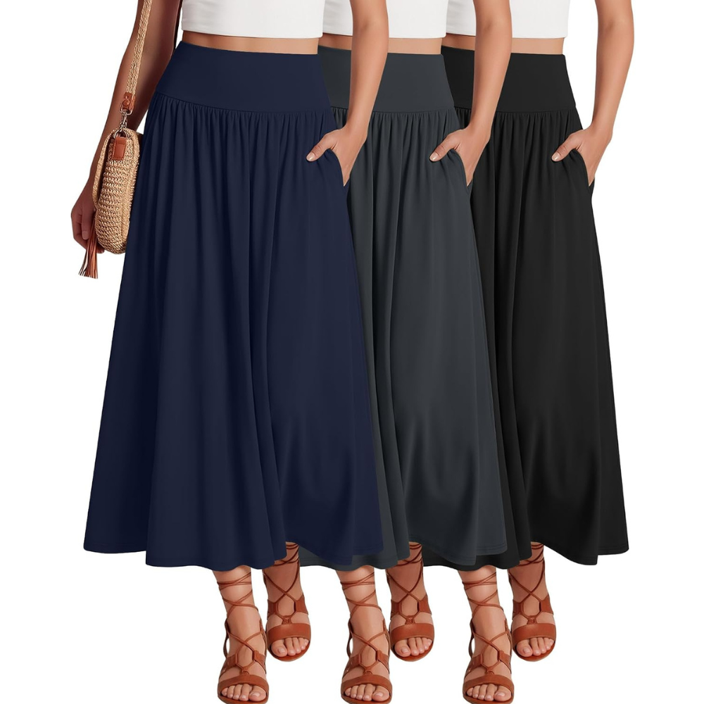 Pack Of 3 Casual Pleated Summer Length A Line Skirts For Women