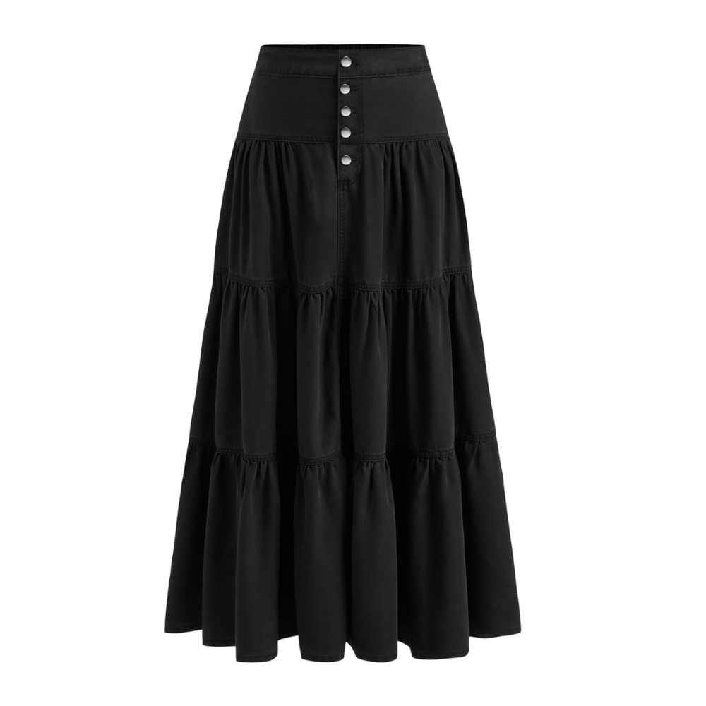 Long Tiered Button Down Denim Skirt For Women