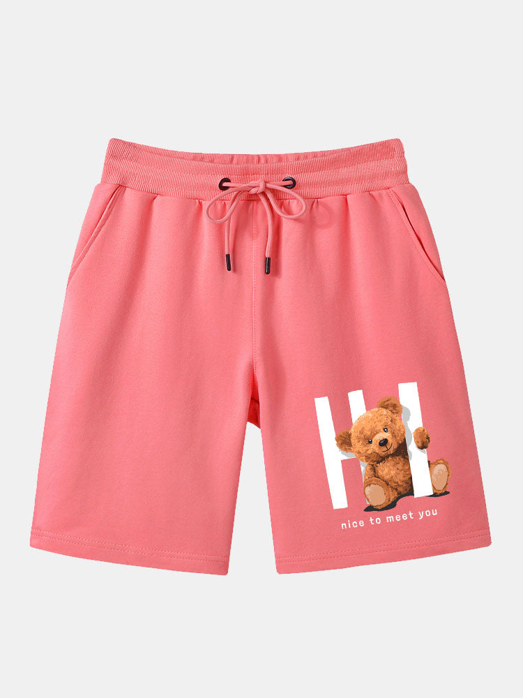 Bear Print Shorts With Drawstring-Waves And Trunks