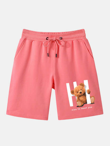 Bear Print Shorts With Drawstring-Waves And Trunks