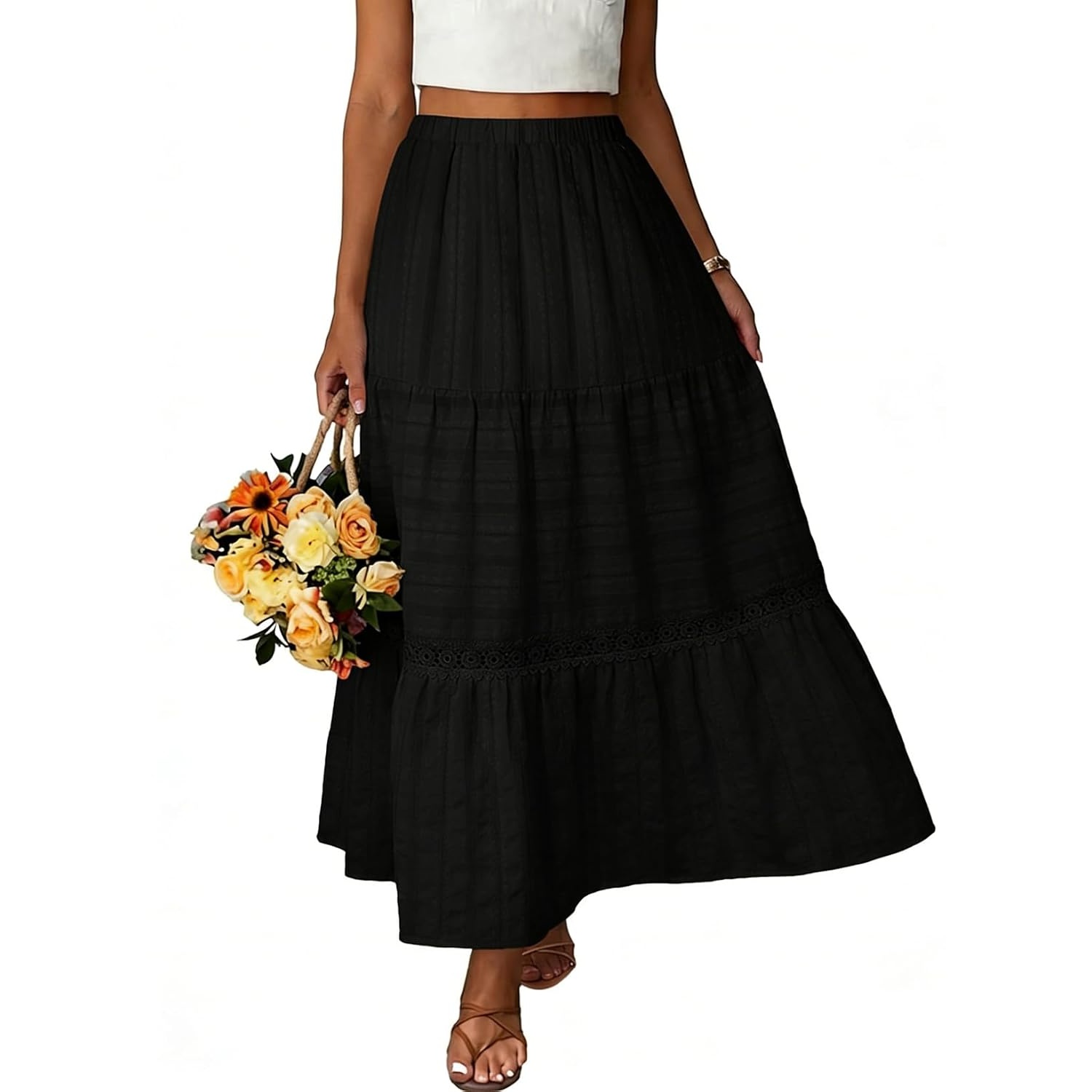 Boho Crochet Lace Tiered Cotton Maxi Skirt