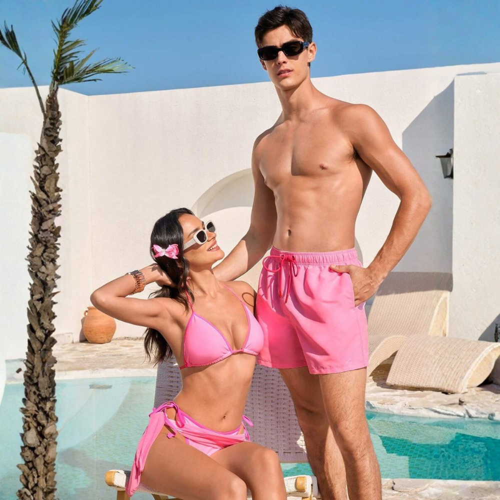 Solid Matching Swimwear Set For Men And Women