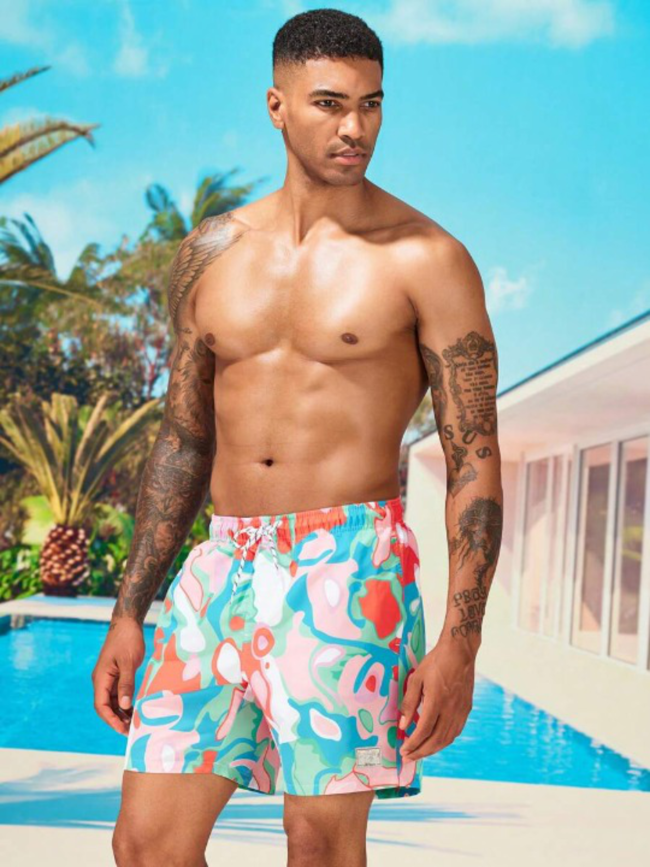 Letter Patched Allover Print Drawstring Swim Trunks-Waves And Trunks