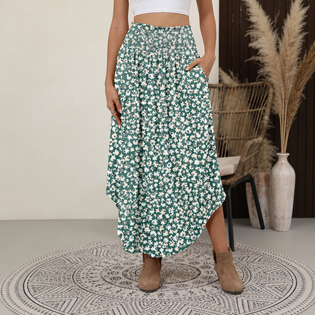 Summer Boho Floral Flowy Pleated Maxi Skirts With Pockets For Women