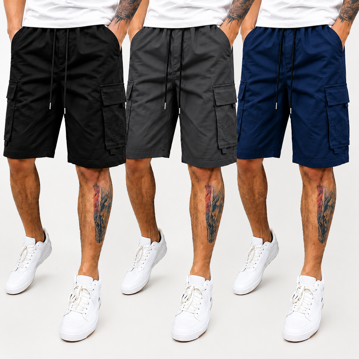 Pack Of 3 Multi Pocket Drawstring Casual Cargo Shorts For Men