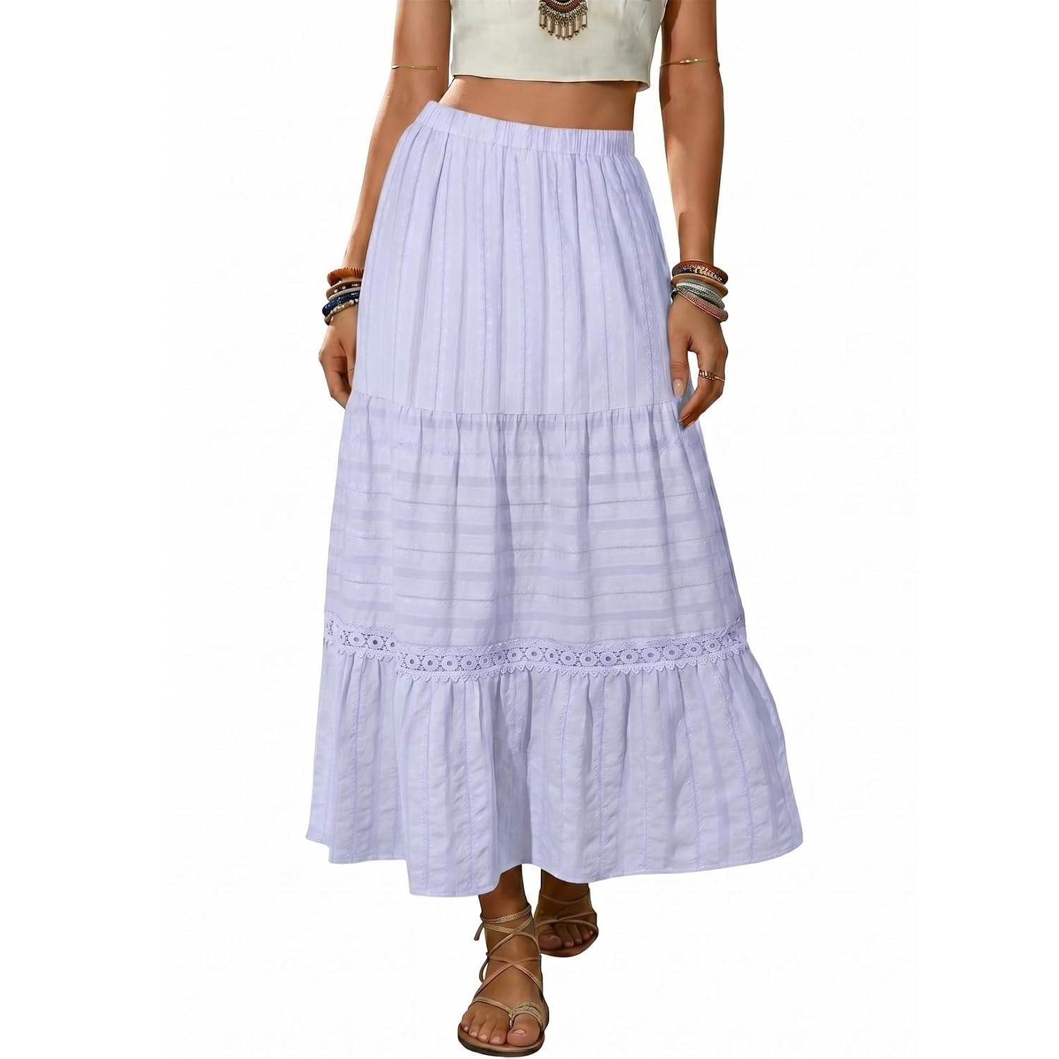 Boho Crochet Lace Tiered Cotton Maxi Skirt