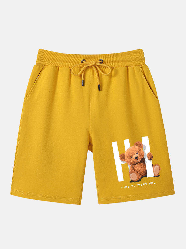 Bear Print Shorts With Drawstring-Waves And Trunks