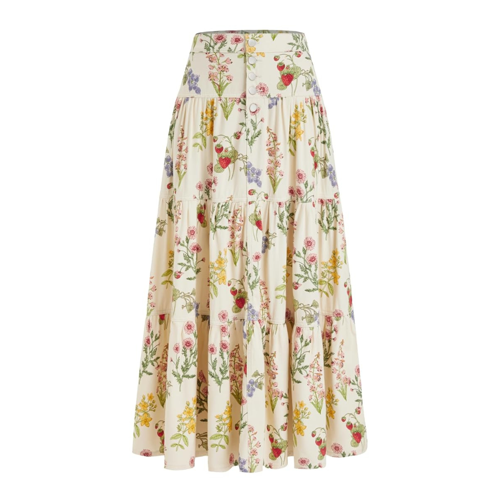 Long Tiered Button Down Denim Skirt For Women