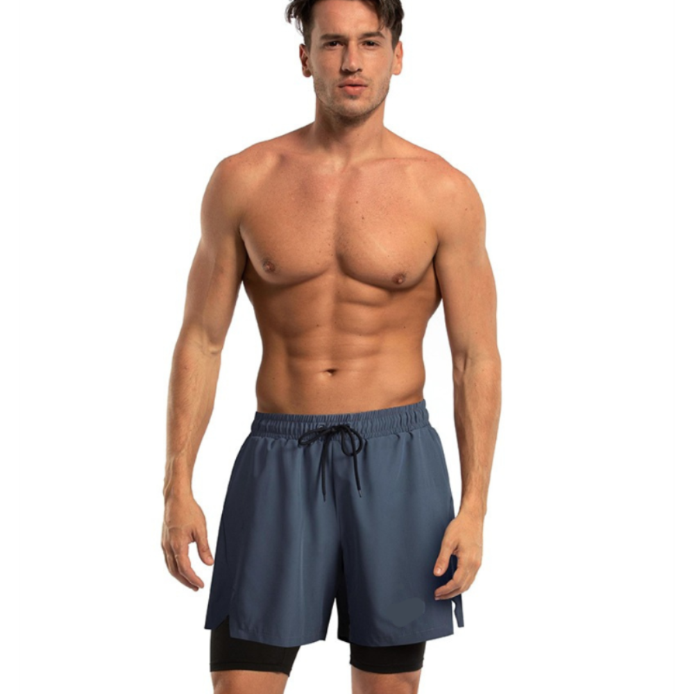 Men's 2 in 1 Quick-Dry Grey Solid Sports Shorts-Waves And Trunks