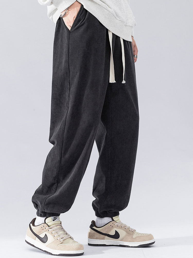 Solid Corduroy Joggers With Drawstring-Waves And Trunks