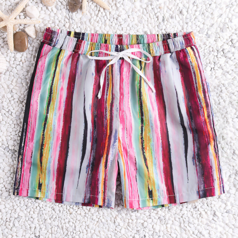 Men's Stripe Print Swim Trunks Drawstring Quick-Dry Pool Shorts-Waves And Trunks