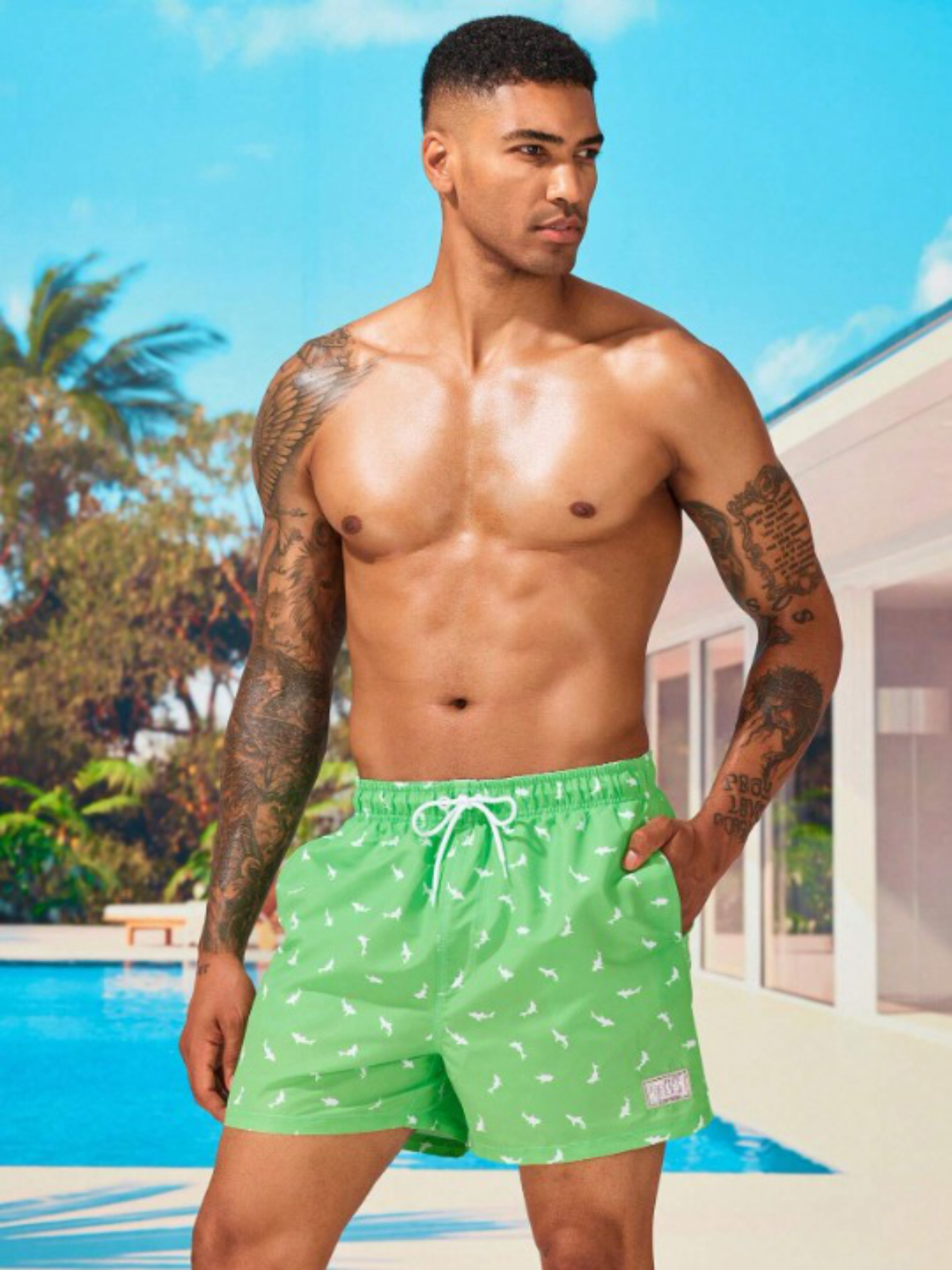 Animal Patched Print Drawstring Swim Trunks-Waves And Trunks
