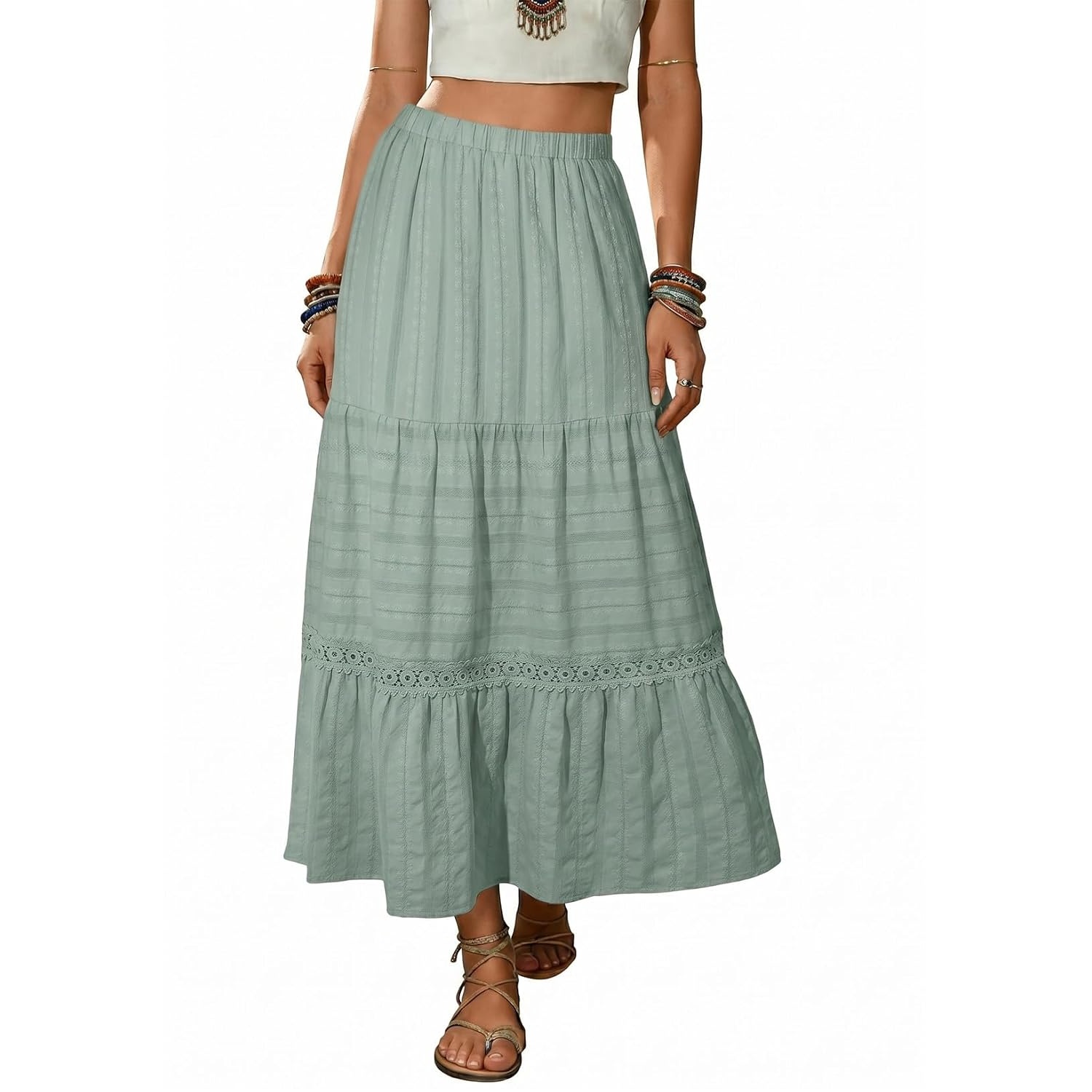 Boho Crochet Lace Tiered Cotton Maxi Skirt