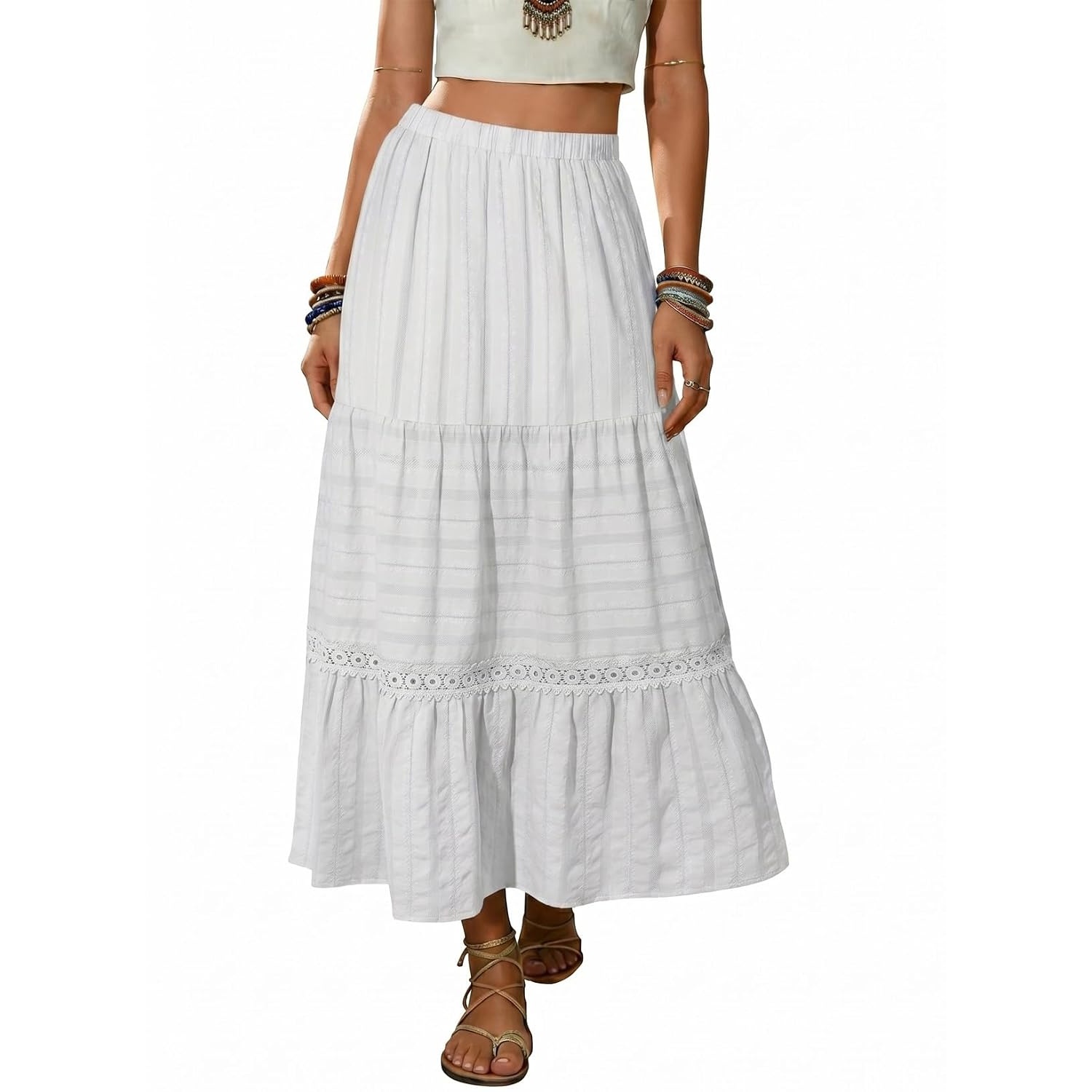 Boho Crochet Lace Tiered Cotton Maxi Skirt