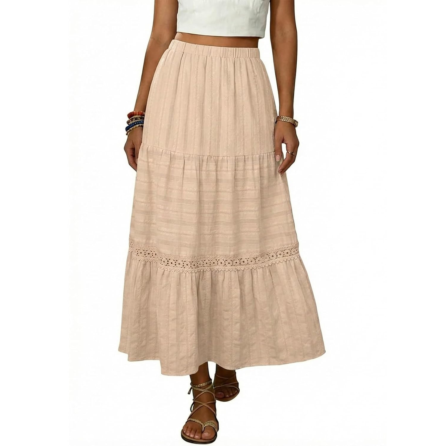 Boho Crochet Lace Tiered Cotton Maxi Skirt