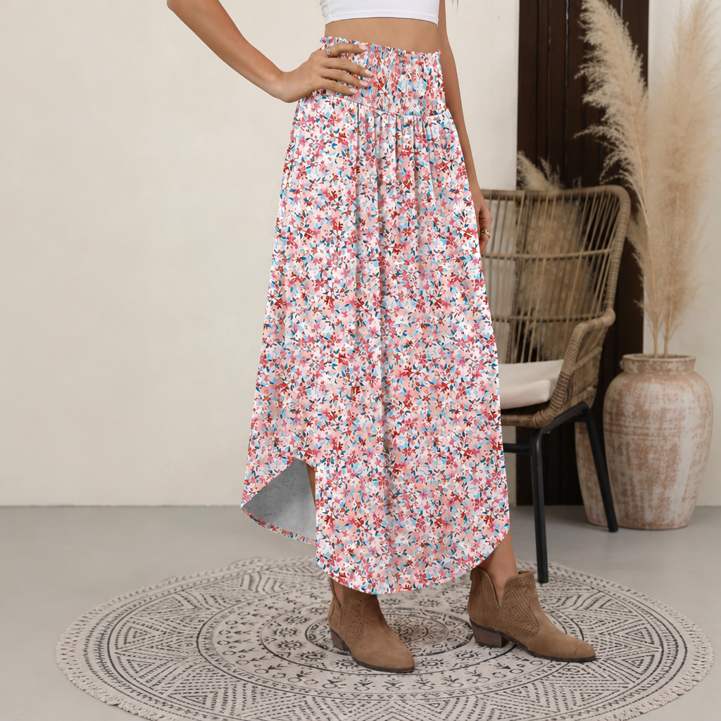 Summer Boho Floral Flowy Pleated Maxi Skirts With Pockets For Women