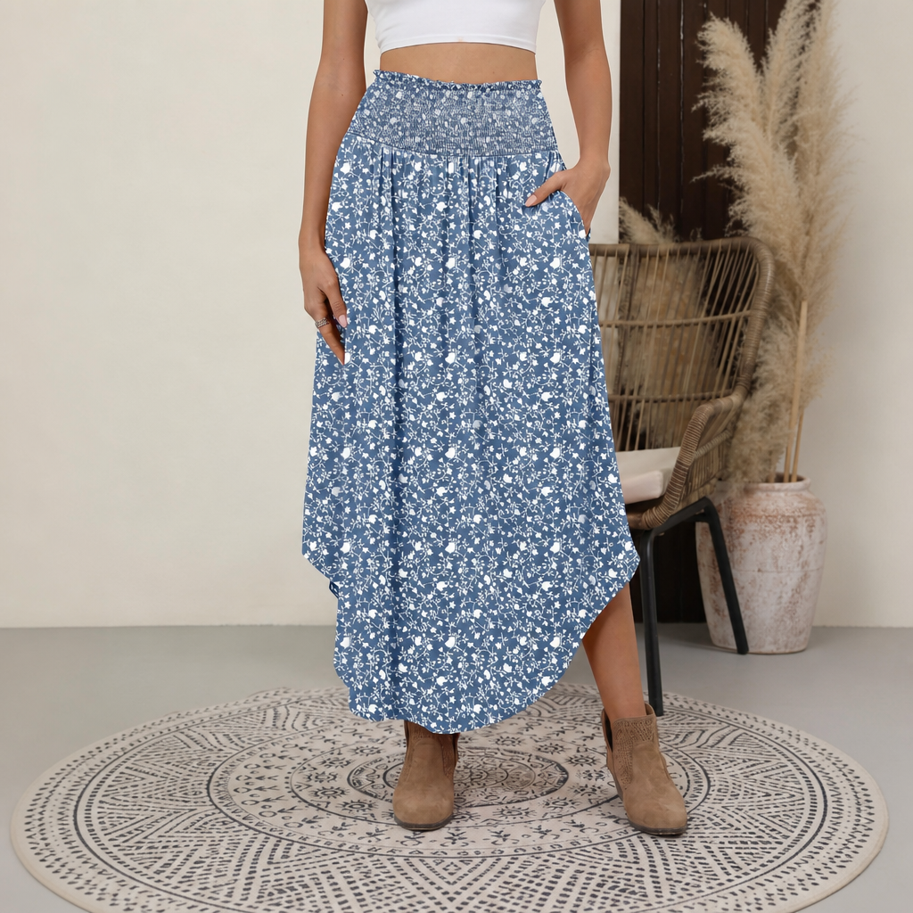 Summer Boho Floral Flowy Pleated Maxi Skirts With Pockets For Women