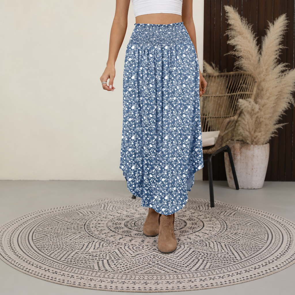Summer Boho Floral Flowy Pleated Maxi Skirts With Pockets For Women