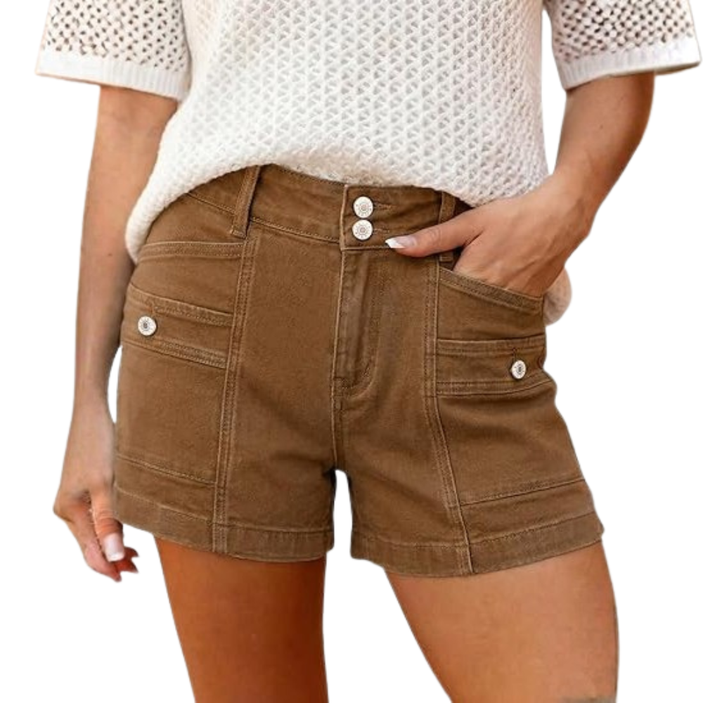 High Waisted Stretch Double Button Denim Shorts For Women