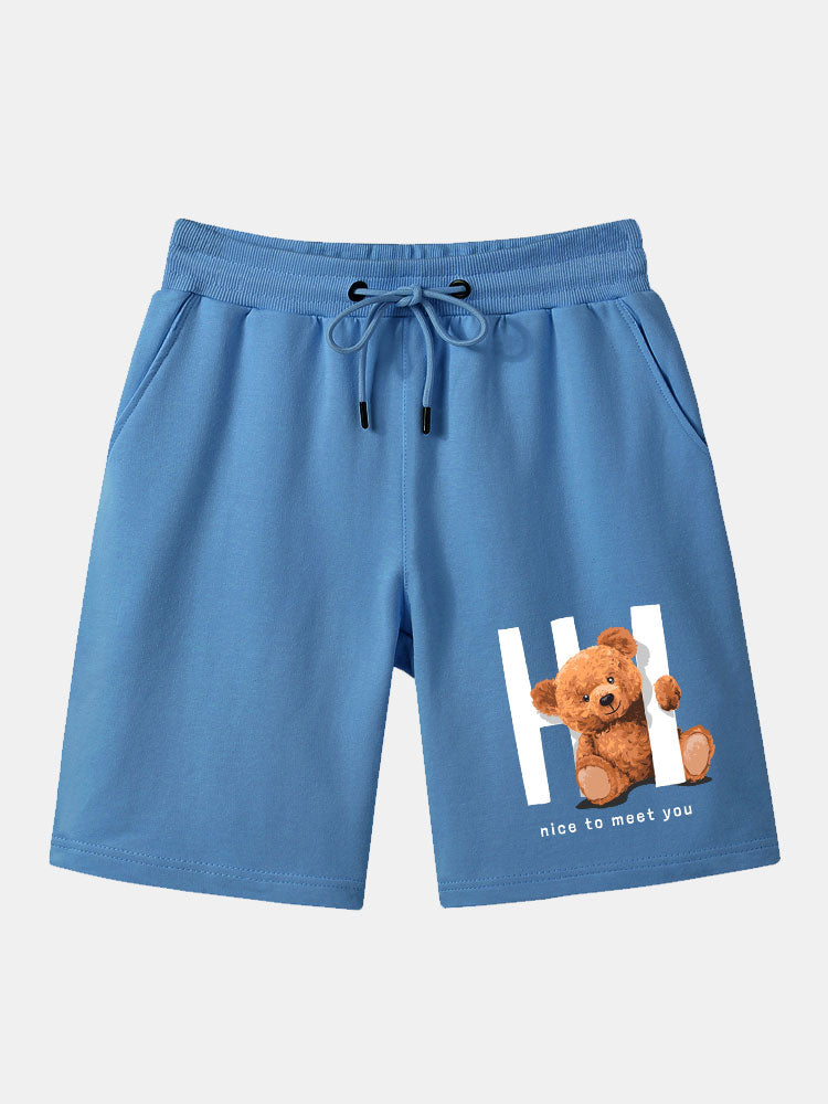 Bear Print Shorts With Drawstring-Waves And Trunks