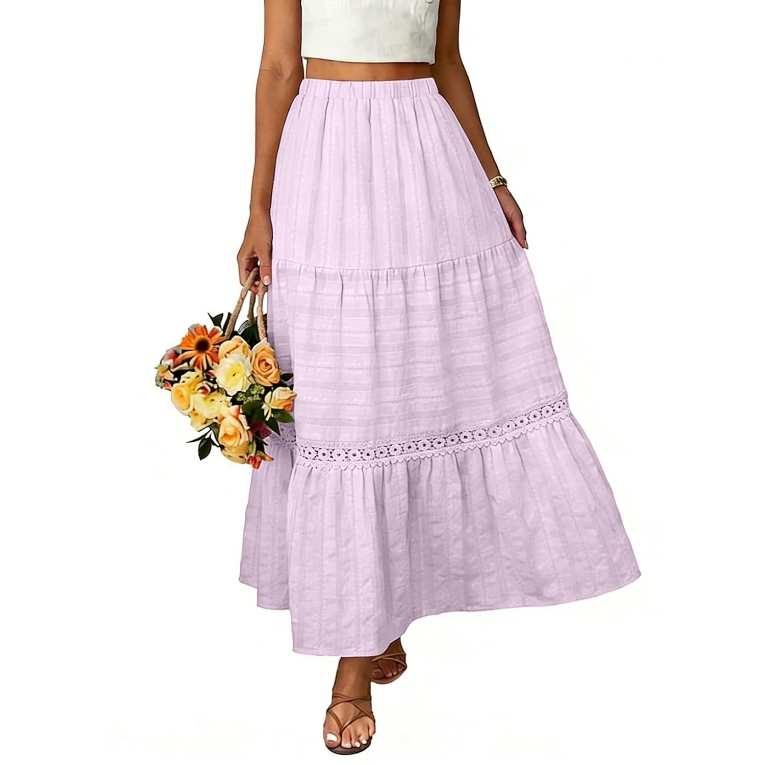 Boho Crochet Lace Tiered Cotton Maxi Skirt
